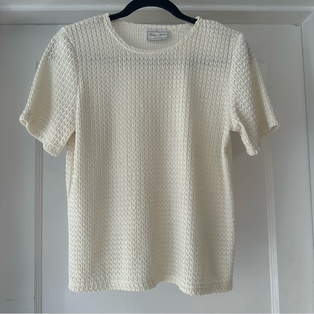 Dina Ariel Shirt Womens S Petite ivory Crème VTG Short Sleeve Textured Blouse